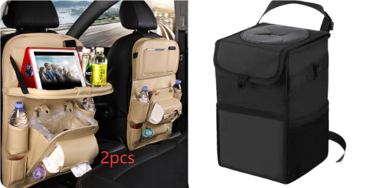 Car organizer with tablet holder, drink bottles and a black insulated lunch bag.