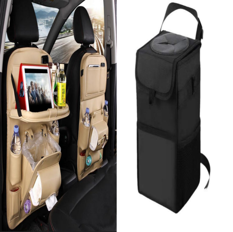 Car organizer with multiple compartments and a black travel bag on a white background.