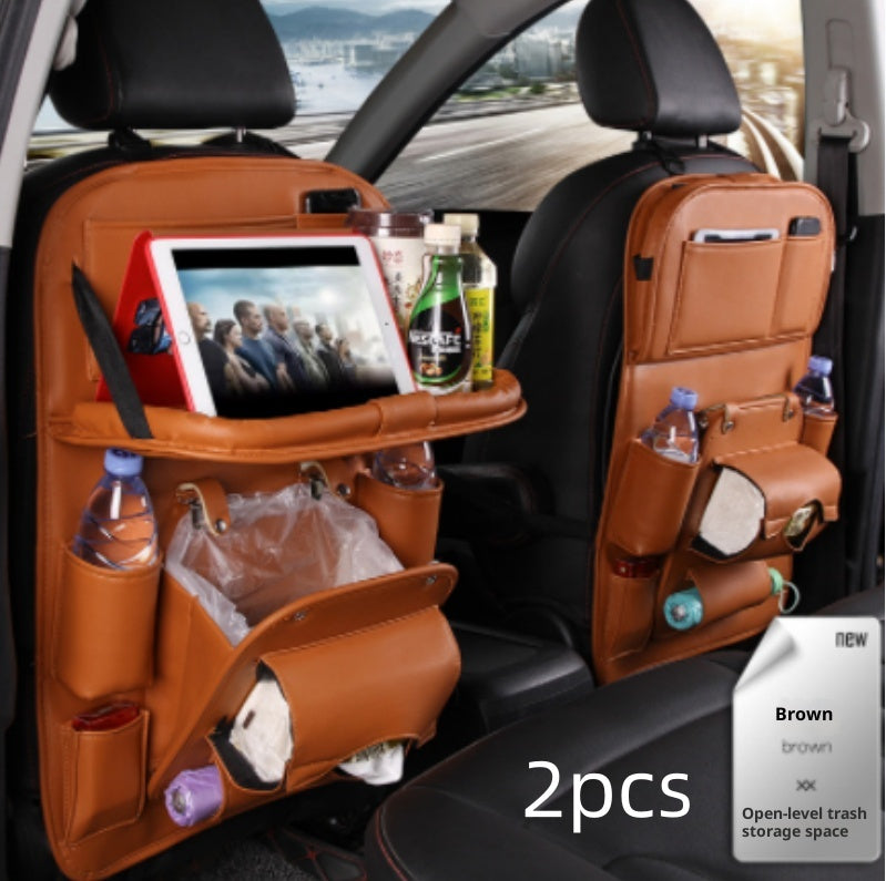 Two brown car seat back organizers with various items in a vehicle.