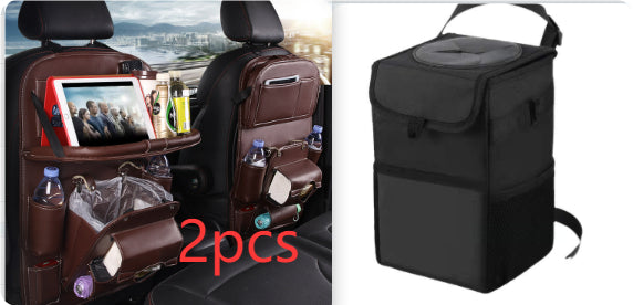 Car seat organizer with tablet holder and drink holders, and a black insulated lunch bag on a white background.
