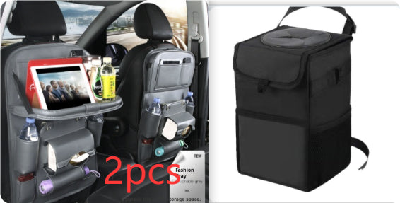Car organizer with tablet stand and drink holders, alongside a black insulated lunch bag.