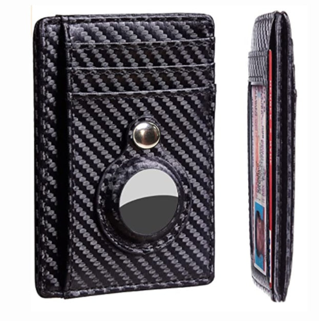 Carbon fiber patterned cardholder with a button on white background.