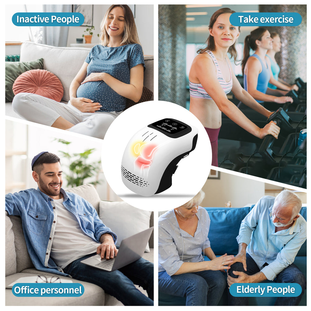 Collage of people in different scenarios with a knee massager labeled «Inactive People», «Take exercise», «Office personnel» and «Elderly People».