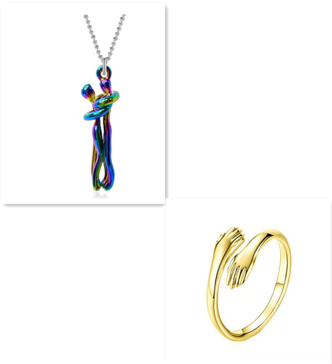 Colorful pendant necklace on a white background with a gold ring below.