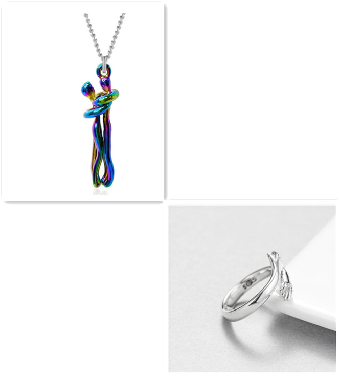 Colorful necklace and silver ring on a white background.