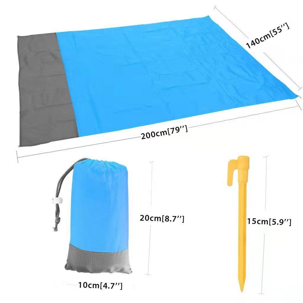 Camping mat with dimensions, storage bag, and stake on a white background.