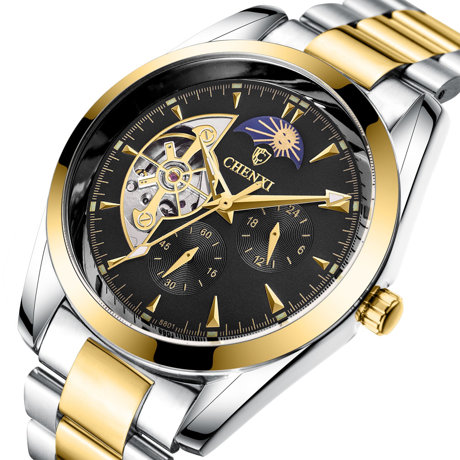 Gold and silver watch, black deal with visible brand logo on white background.