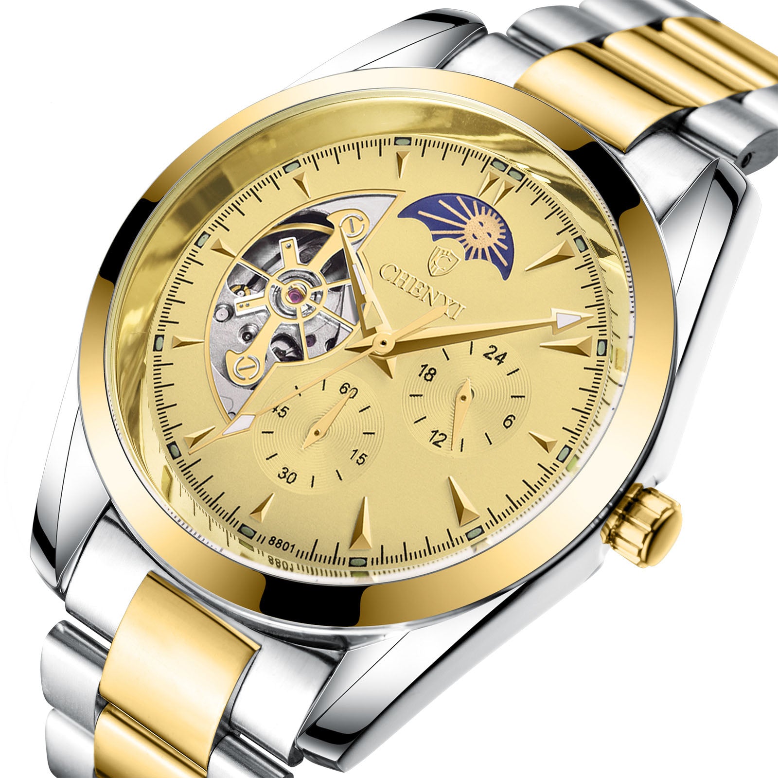 Gold and silver watch, gold deal with visible brand logo on white background.