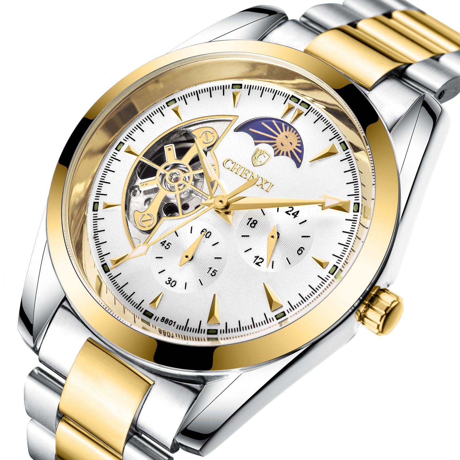 Gold and silver watch, white deal with visible brand logo on white background.