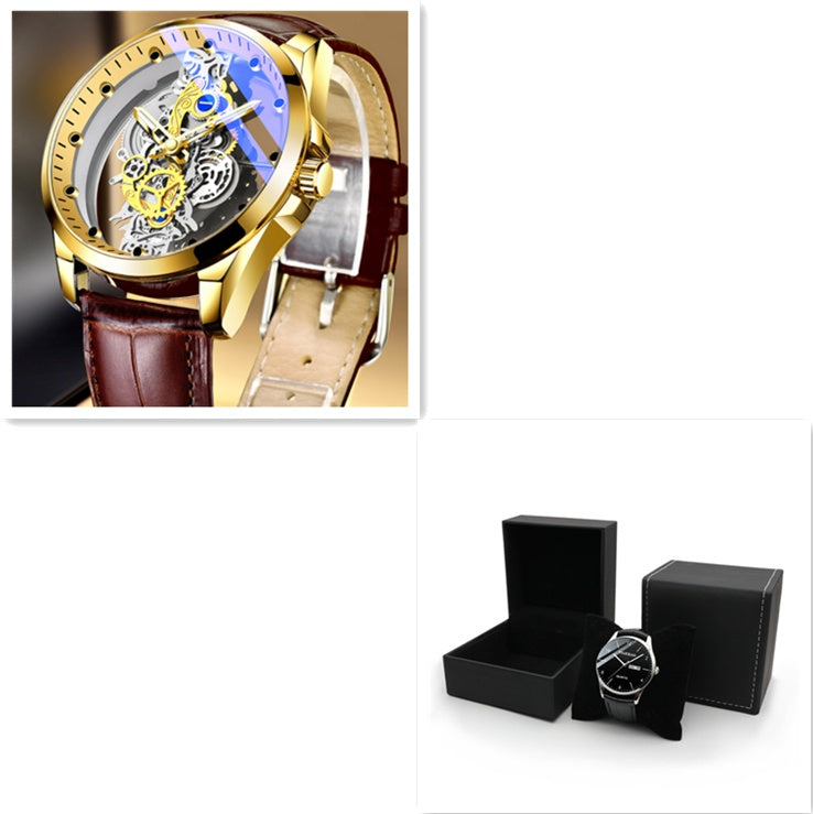Gold mechanical men´s watch with brown leather strap and black box on white background.
