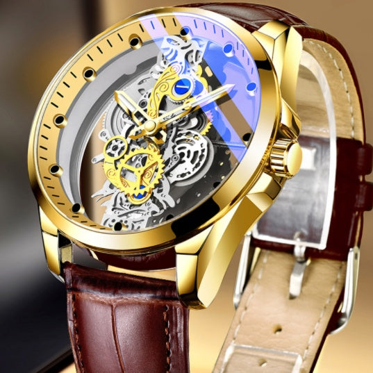 Gold mechanical watch with a brown leather strap on blurred background.
