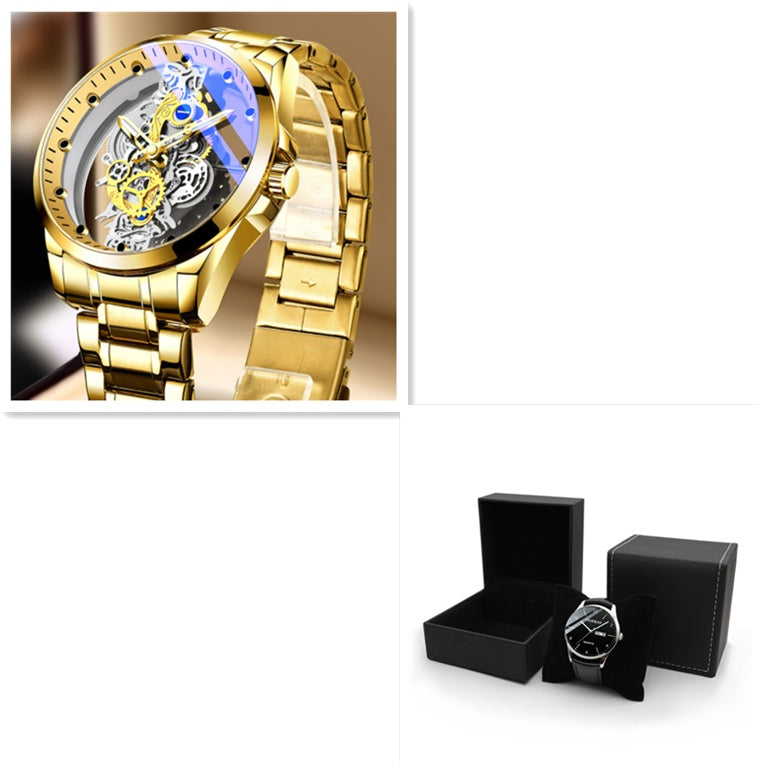 Gold wristwatch with intricate design and black watch in box on white background.