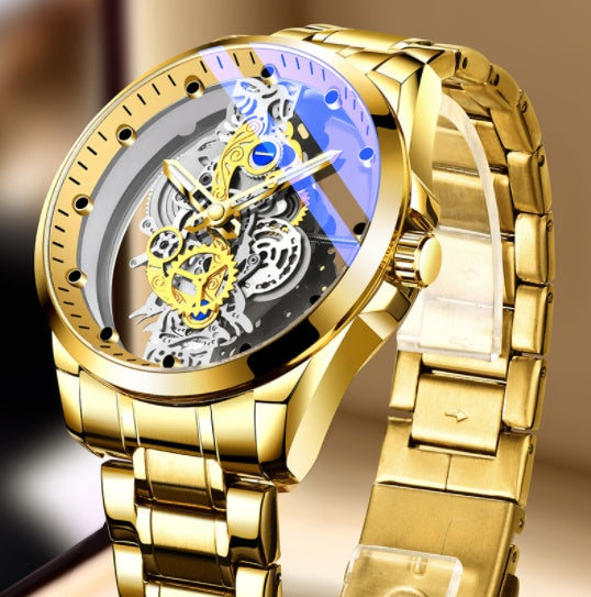 Gold wristwatch with a detailed mechanical design on a reflective surface.