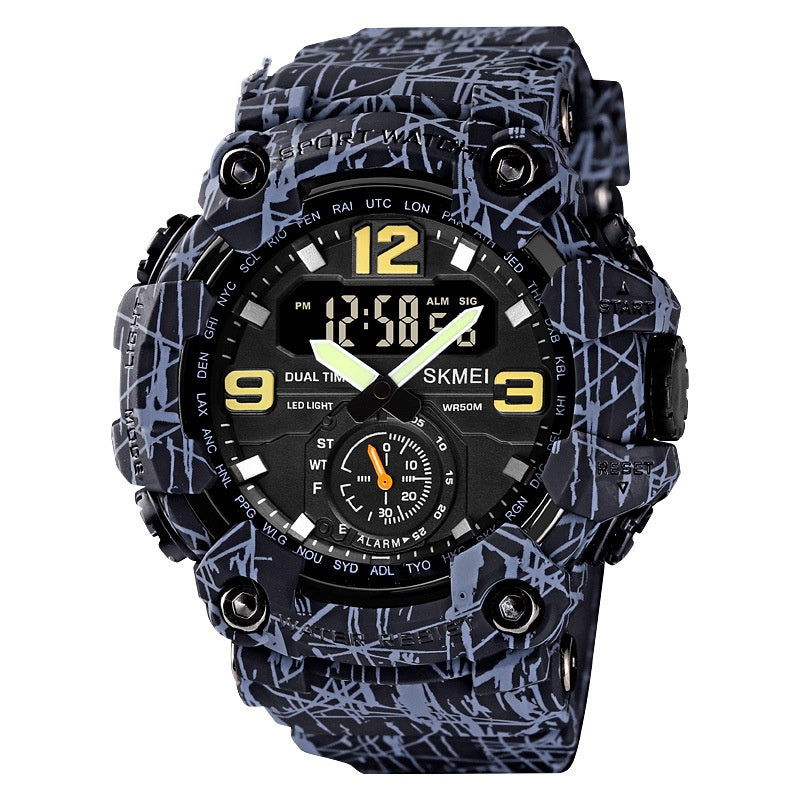 Gray camouflage-patterned sports watch with digital and analog display on white background.