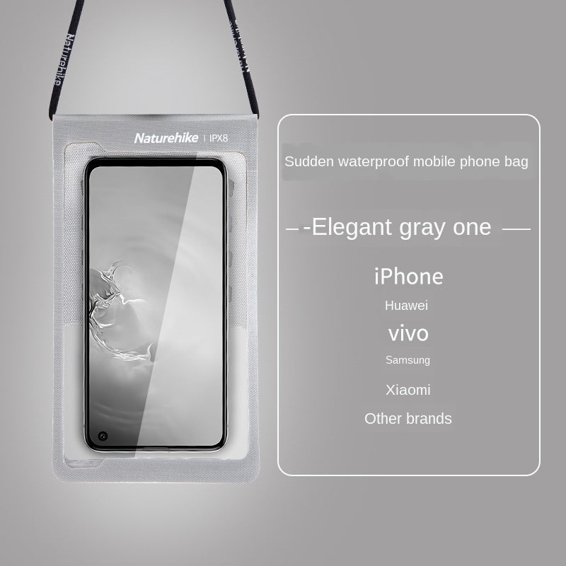 Gray waterproof phone case with brand compatibility listed on a gray background.