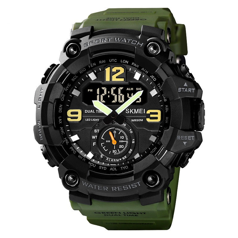 Green and black sports watch with digital and analog display on white background.