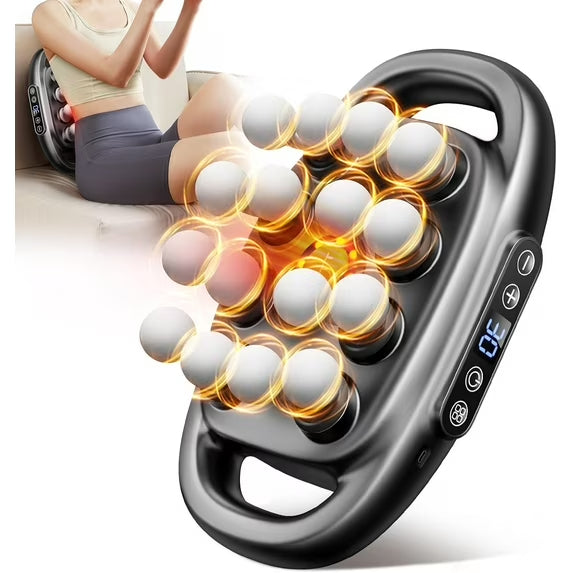 Handheld massager with glowing elements on a white background.