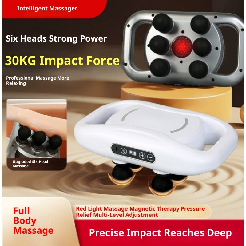 Massage device with six heads and 30KG impact force on a brown background.