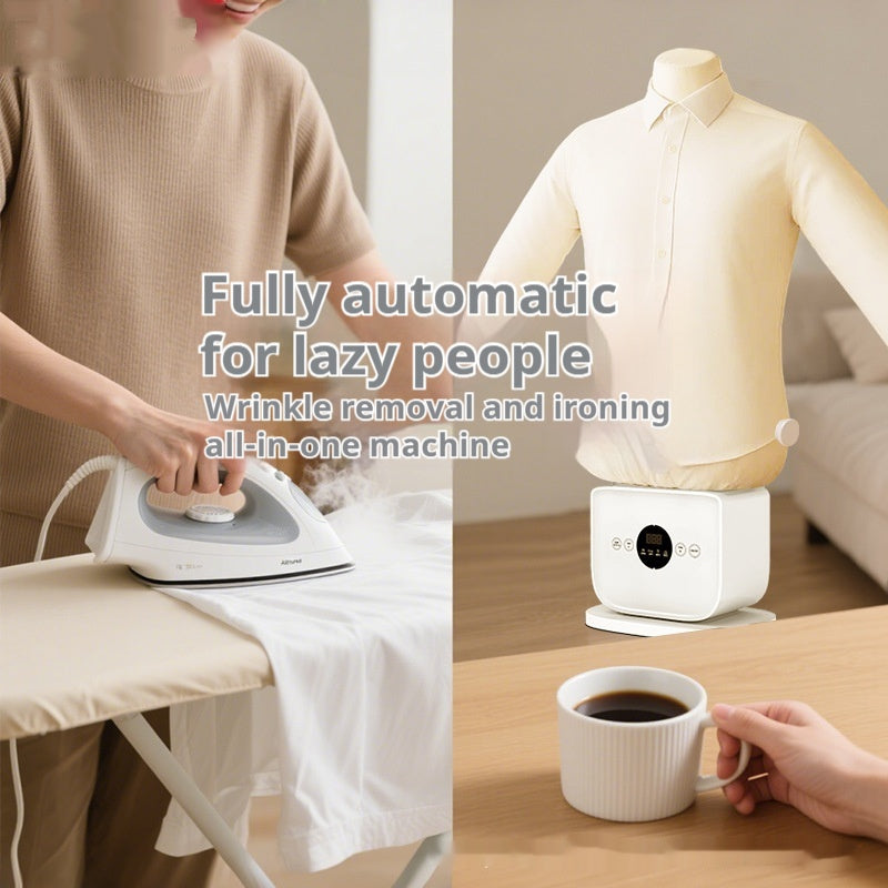 Person ironing clothes with text «Fully automatic for lazy people» ; wrinkle removal and ironing machine.