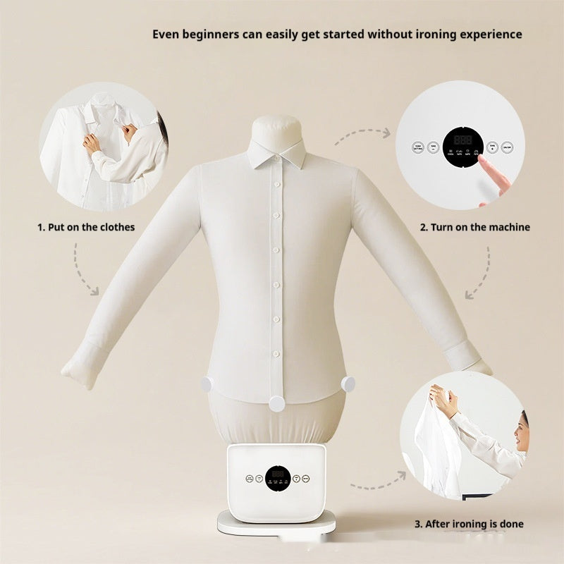White shirt on a mannequin with instructions for using an ironing machine on a beige background.