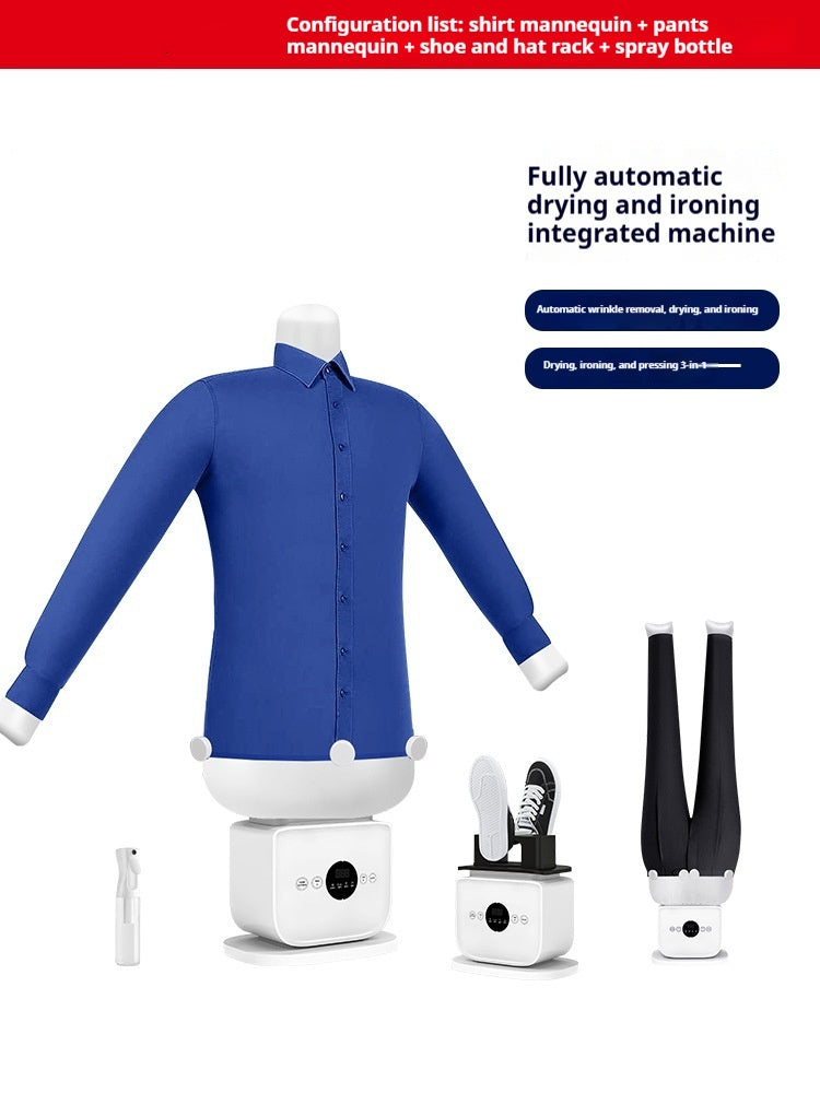 Blue shirt on a mannequin with shoes and hat rack, spray bottle and machine on a white background.