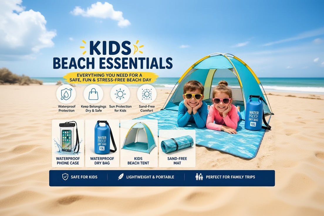 Kids beach tent setup for Stress-Free Beach Day, children playing safely inside beach shelter, ideal beach bundle for family summer vacation