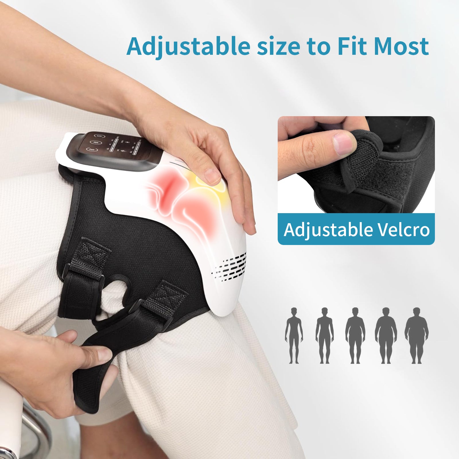 Adjustable knee brace with hands demonstrating fit and adjustable velcro feature on a white background.