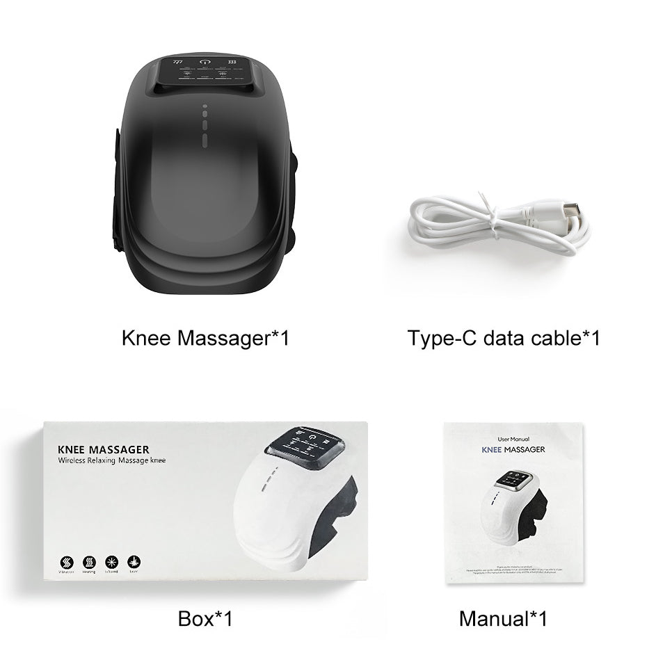 Knee massager with Type-C data cable, box, and manual on a white background.