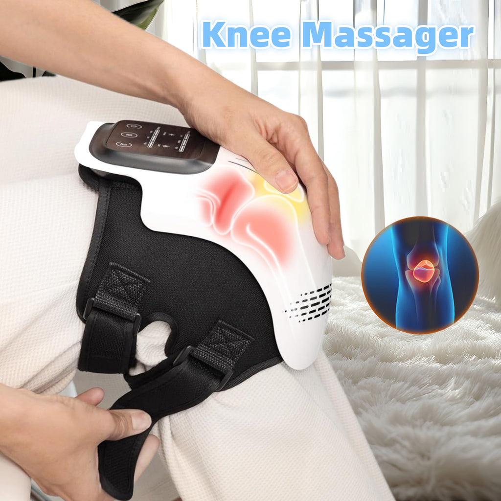 Knee massager being used on a person's knee with a close-up inset showing knee anatomy.