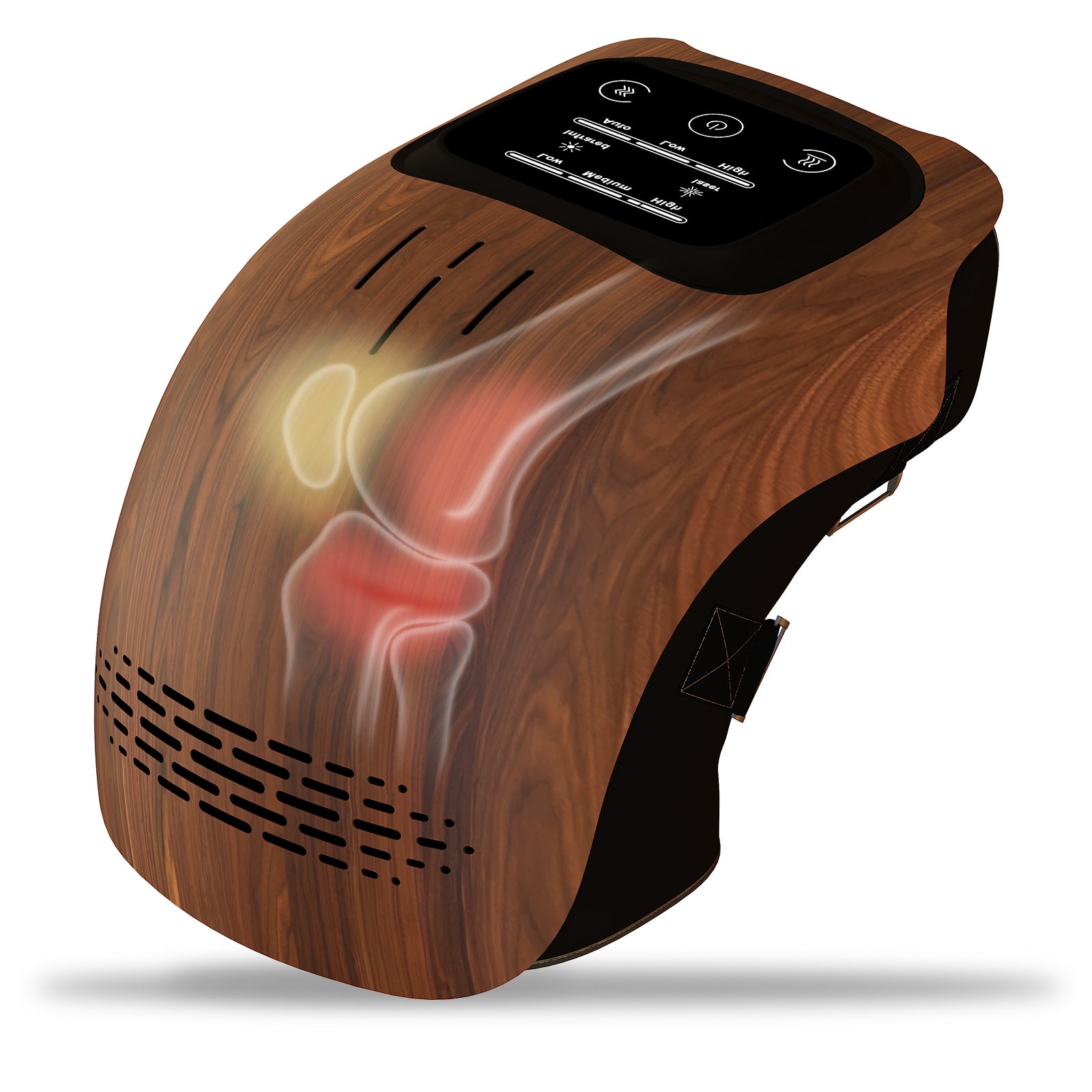 Wooden-like electronic device with digital display and knee pain illustration on a white background.