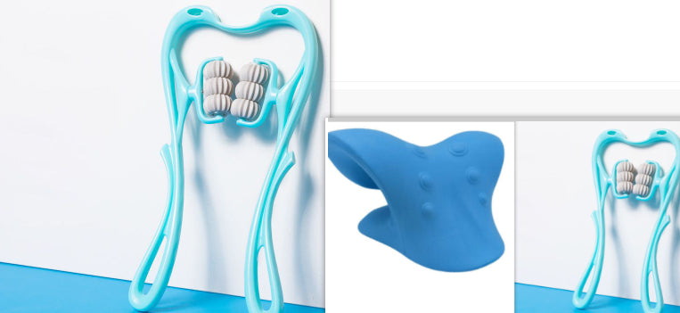 Blue neck massager and light blue neck roller set on a white background.