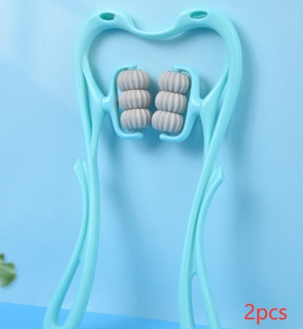 Turquoise facial roller with gray rollers on a light blue background with «2pcs» text.