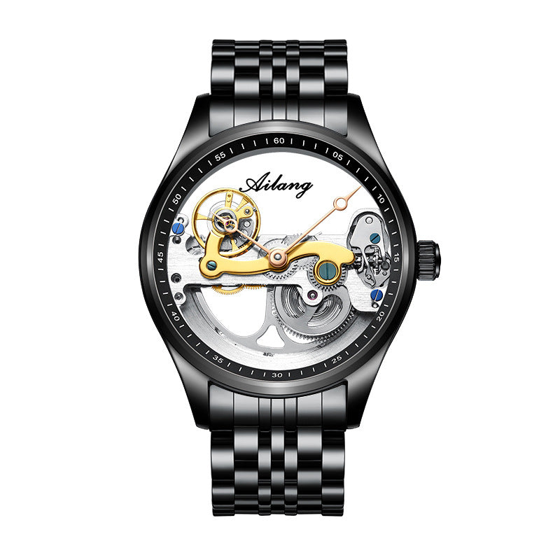 Luxury watch with visible mechanical components on a white background.