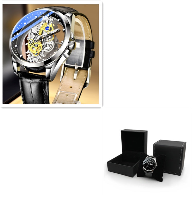 Luxury watch with black leather strap and open face design, displayed with packaging on a white background.