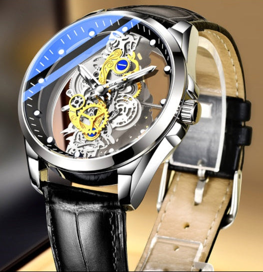 Luxury watch with black leather strap and transparent face on a blurred background.