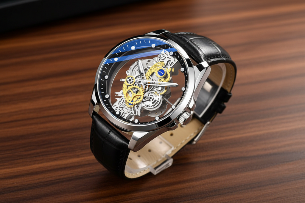 Luxury watch with black leather strap on a wooden surface.