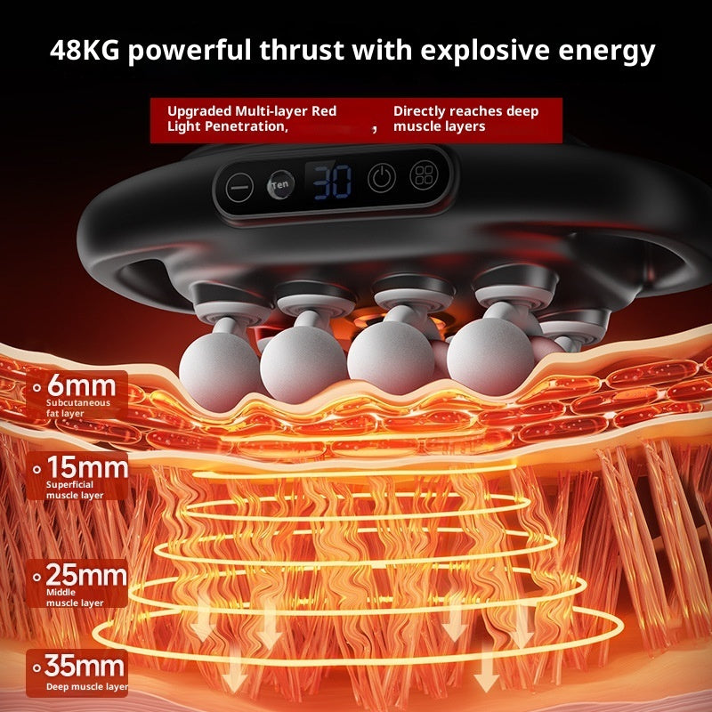 Illustration of a massage gun with text about powerful thrust and energy, showing muscle layers and red light penetration.