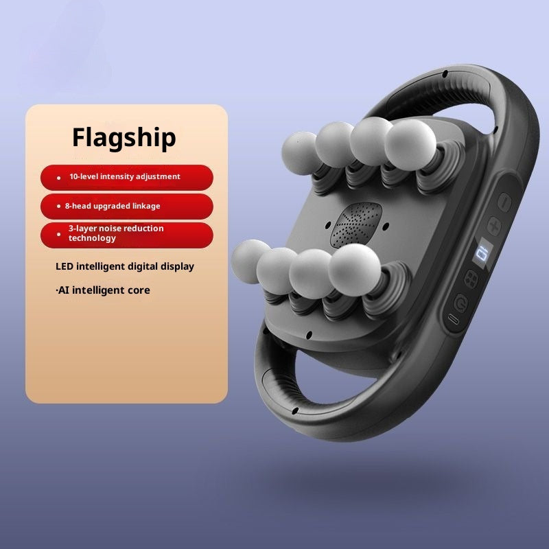 Gray handheld massager with features listed on a beige card against a blue background.