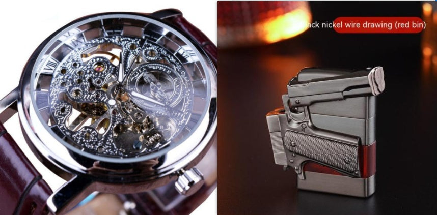 Mechanical watch with intricate design on the left and a metallic lighter with red accents on the right.