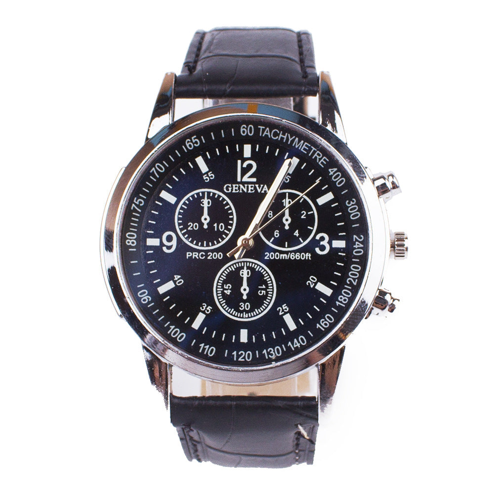 Men´s watch with black leather strap and blue dial.