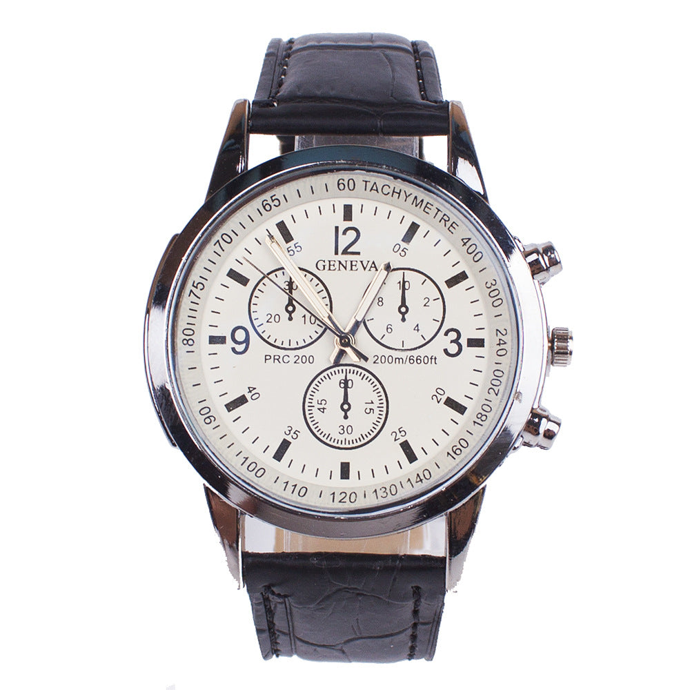 Men´s watch with black leather strap and white dial.