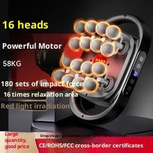 Massage gun with text highlighting features like «16 heads», «Powerful Motor», and «58KG» on a dark background.