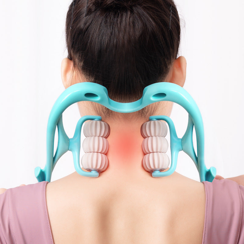 Women using a turquoise neck and shoulder massager on a white background.