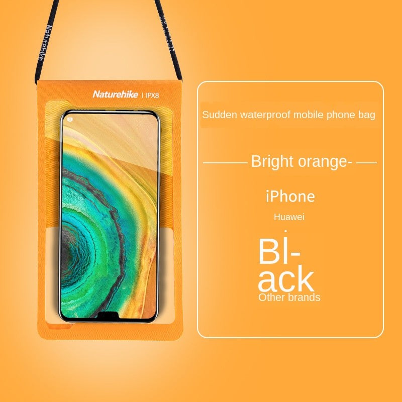Orange phone case with smartphone inside on an orange background, featuring branding and product details.