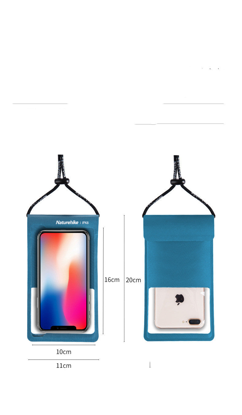 Two blue phone pouches with straps, one displaying a smartphone and the other a wallet, with measurements on a white background.