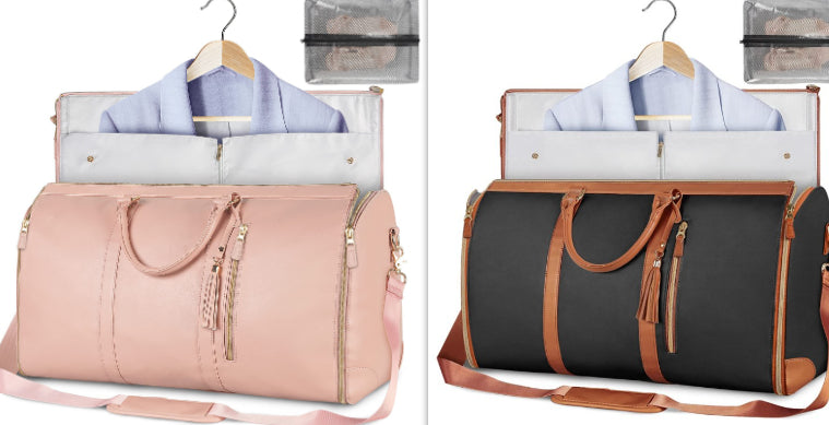 Pink duffel bag with clothes and a black and brown travel bag with clothes on hangers.