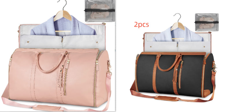 Two travel bags, one pink and one black with brown straps, on hangers with shirts inside.