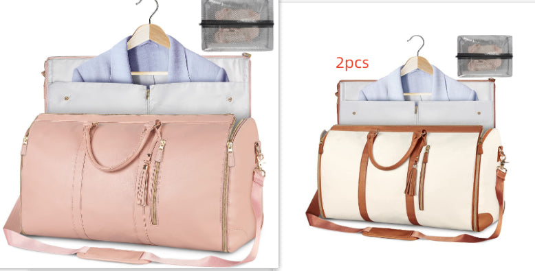 Pink and beige duffel bags with clothes on hangers, labeled «2pcs».