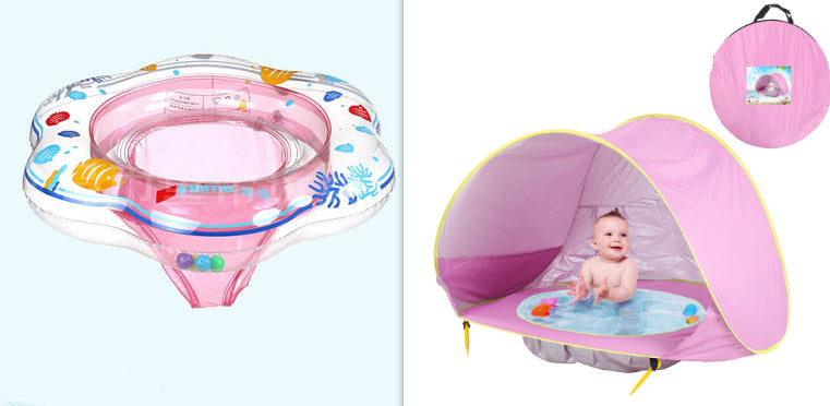 Pink baby pool with inflatable canopy and baby inside on a white background.