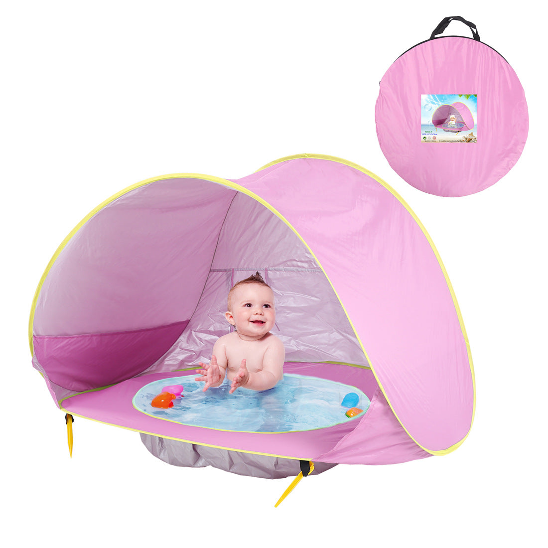 Pink baby beach tent with a pool inside, featuring a baby playing.
